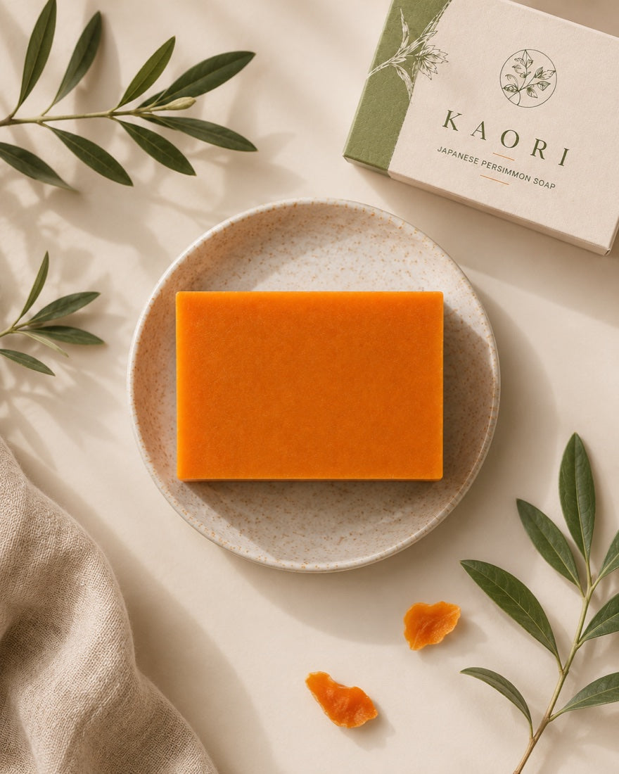 Kaori persimmon soap bar on a ceramic dish beside the box