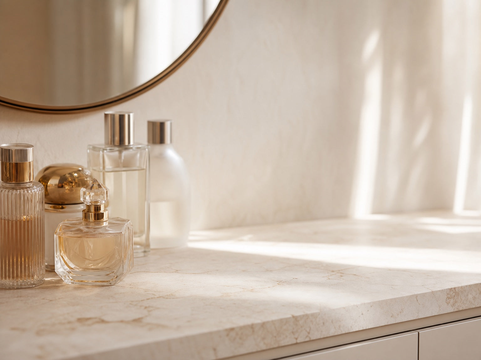 Perfume bottles pushed to one side of a marble vanity