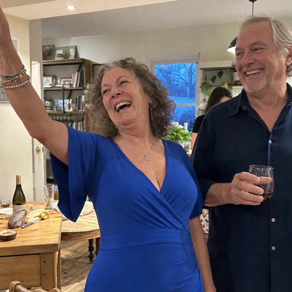 A woman in a blue dress laughing with a companion at a party