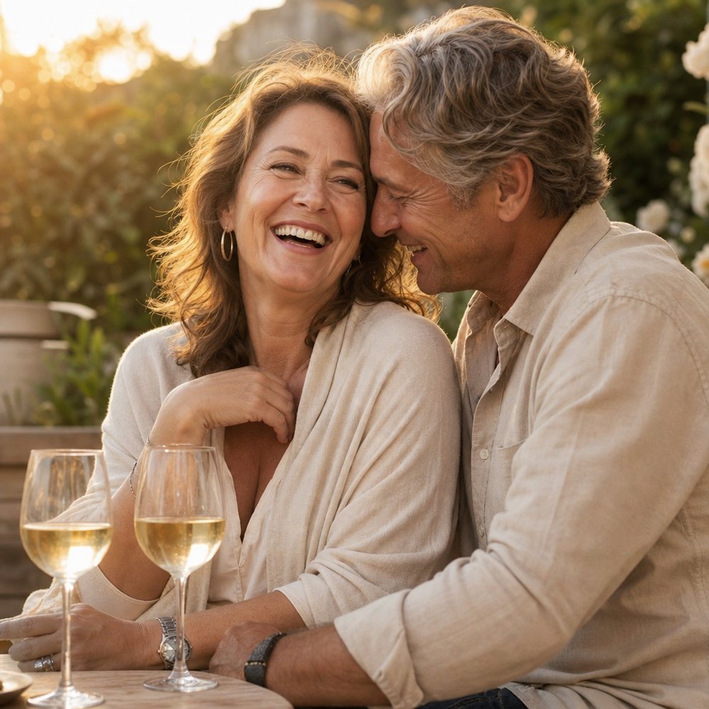 A woman laughing with a man leaning close to her in warm golden light